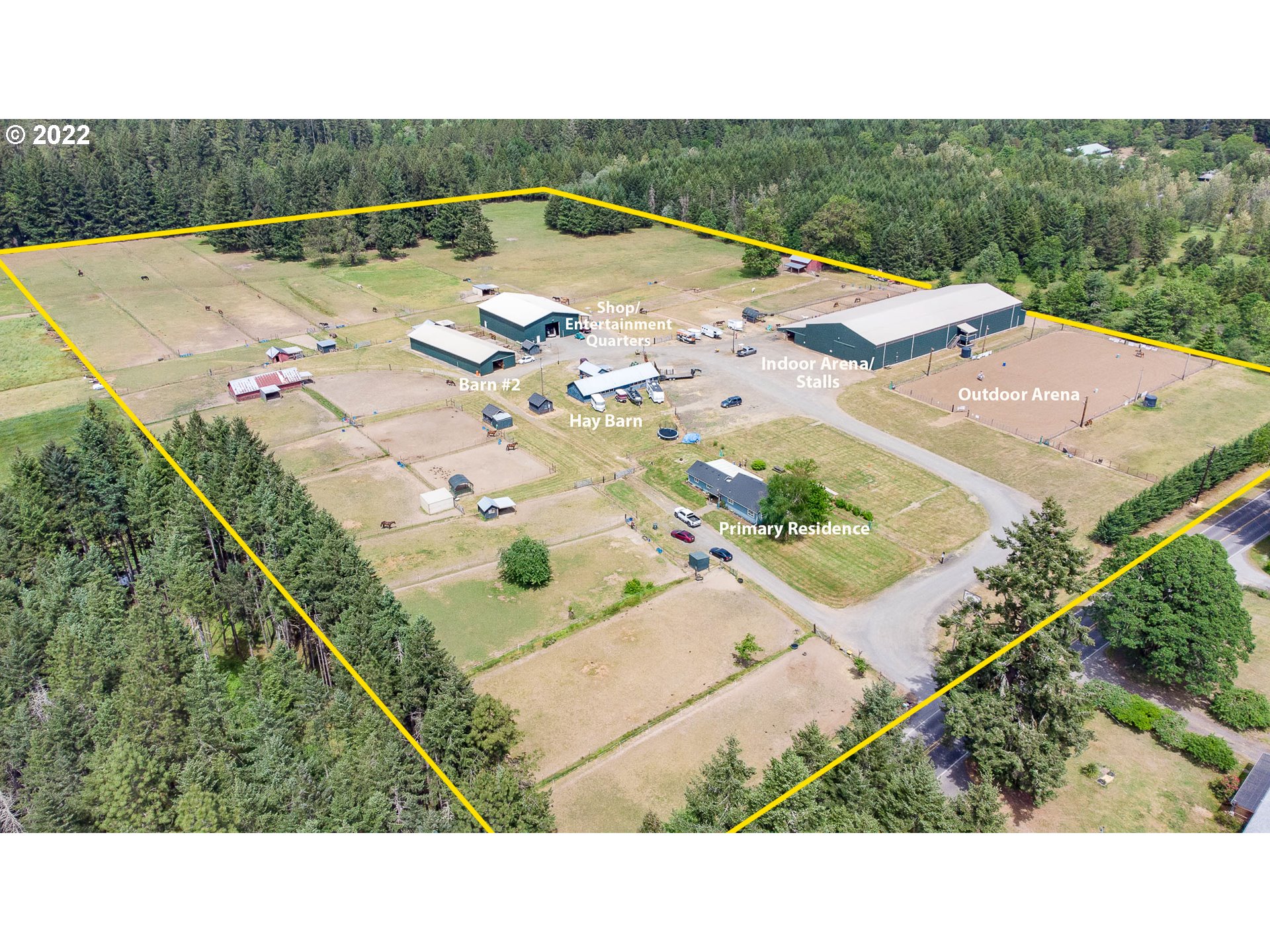 Income Producing Equestrian Facility! This F2 Zoned property includes 80' X 204' Indoor Arena, 130' X 260' Outdoor Arena, 84' X 72'Shop w/ Entertainment Quarters & Full Bath, 42-Fully Occupied 12X12 Stalls (5) w/Runs, 27 fully fenced turnouts 11 w/lean to's, Separate Hay Barn & Tool Shed.  This facility is TURNKEY, currently hosting barrel races w/ self-care & partial care boarding options. Home and property are move in ready, too many amenities to list. Ask for your full amenities list!