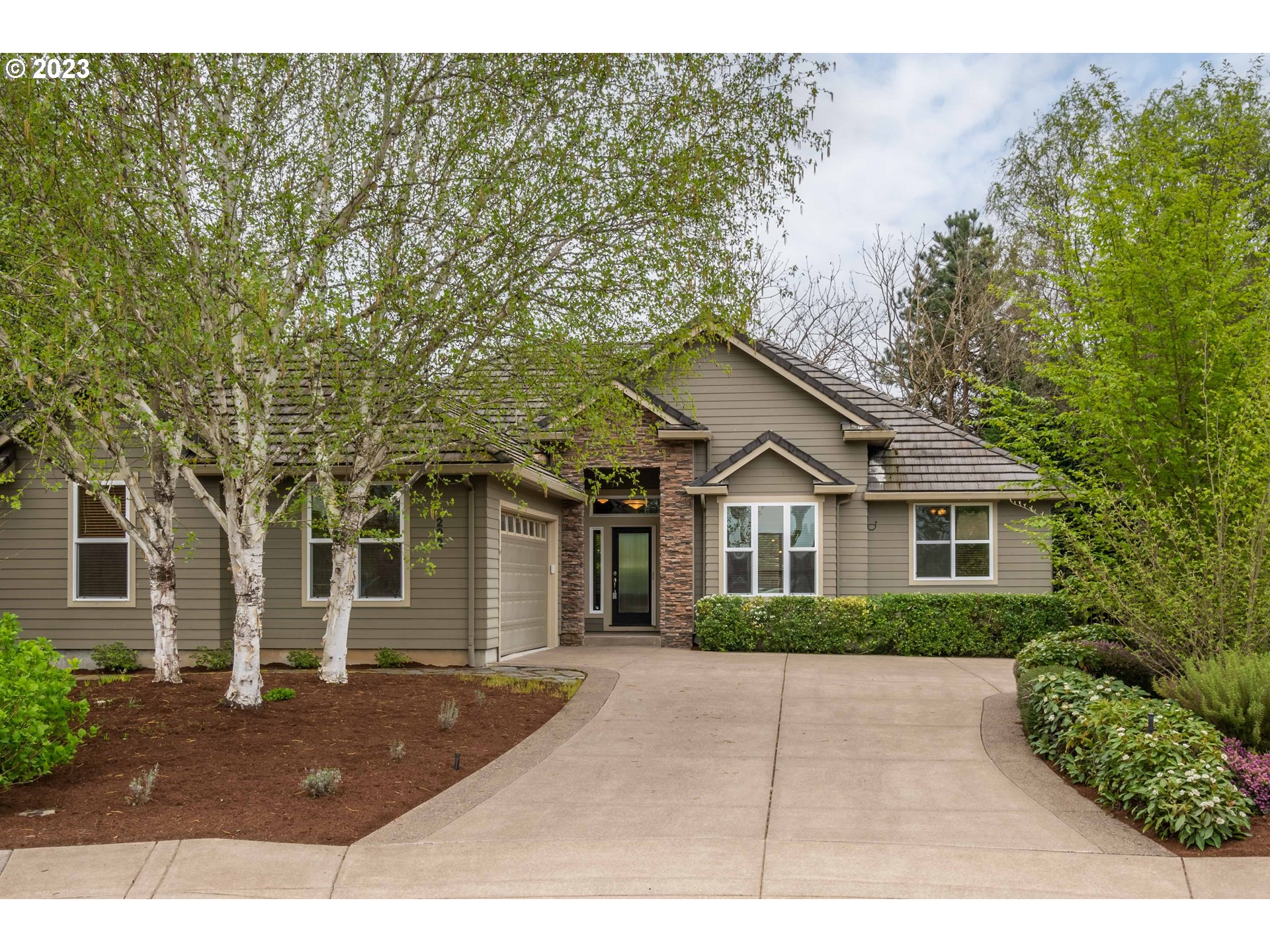 Turnkey 1-level home in ultra-quiet Emerald Valley West cul-de-sac! Originally constructed as builder's personal home as evidenced by the thoughtful design & quality craftsmanship throughout. A trio of birch trees welcome you to the fantastic curb appeal featuring covered front porch with stacked stone accent. Naturally lit great room floor plan with vaulted ceilings, transom window & multiple skylights. Be a part of all the home activities while preparing meals from your open kitchen featuring stainless appliances, gas range, granite & huge eating bar. Enjoy the warmth and ambiance from the free-standing gas stove in the spacious living room. Also features a breakfast nook plus formal dining room that doubles as an office or sitting room. Fantastic separation of space: primary suite with tray ceiling & walk-in closet is on one side of home & 2 additional generously sized bedrooms & full bath on other side. Convenient utility room with sink & storage. Expansive & private backyard with mature landscaping & large covered patio serves as a superb outdoor entertaining area. Several tranquil seating areas and tons of gardening space with raised beds, underground sprinklers, hot tub and room for boat or small RV. 2-car garage, fiber cement siding, tile roof, vinyl windows, forced air heat & A/C. Spend your free time at the community sports complex with tennis/pickleball & basketball courts or at the nearby golf course perfecting your swing. Call now for your private tour!