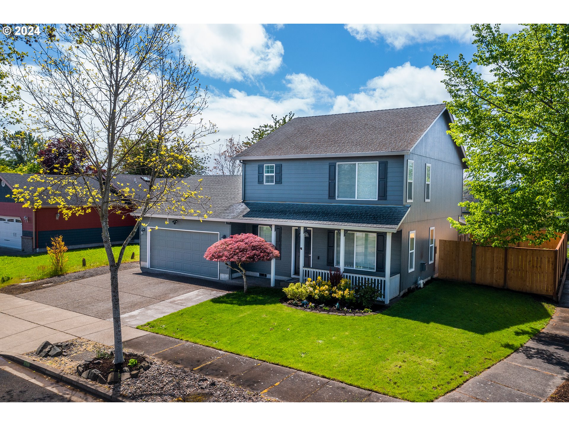 Excellent opportunity to live in this sweet, convenient neighborhood on a private corner culdesac lot! The cozy living room with hardwood floors and gas fireplace leads into a wonderful dining area and updated kitchen with custom tile, newer stainless steel appliances (including gas range) and pantry. Half bath and Den/Office downstairs. 2021 updates include new A/C, new water heater, new kitchen appliances/washer & dryer (included in sale), and new garage door opener. Interior paint is newer. Upstairs you'll find a spacious primary suite with large walk-in closet and remodeled bathroom in 2022, as well as 2 thoughtfully-separated bedrooms. Other updates include luxury vinyl plank flooring, carpeting, hardware, fixtures and a new fence. Front and back yards have new sprinkler systems installed Spring 2022. The lovely backyard offers a covered patio for relaxation and entertaining, large storage shed and beautiful landscaping. Don't miss out on this fantastic home!